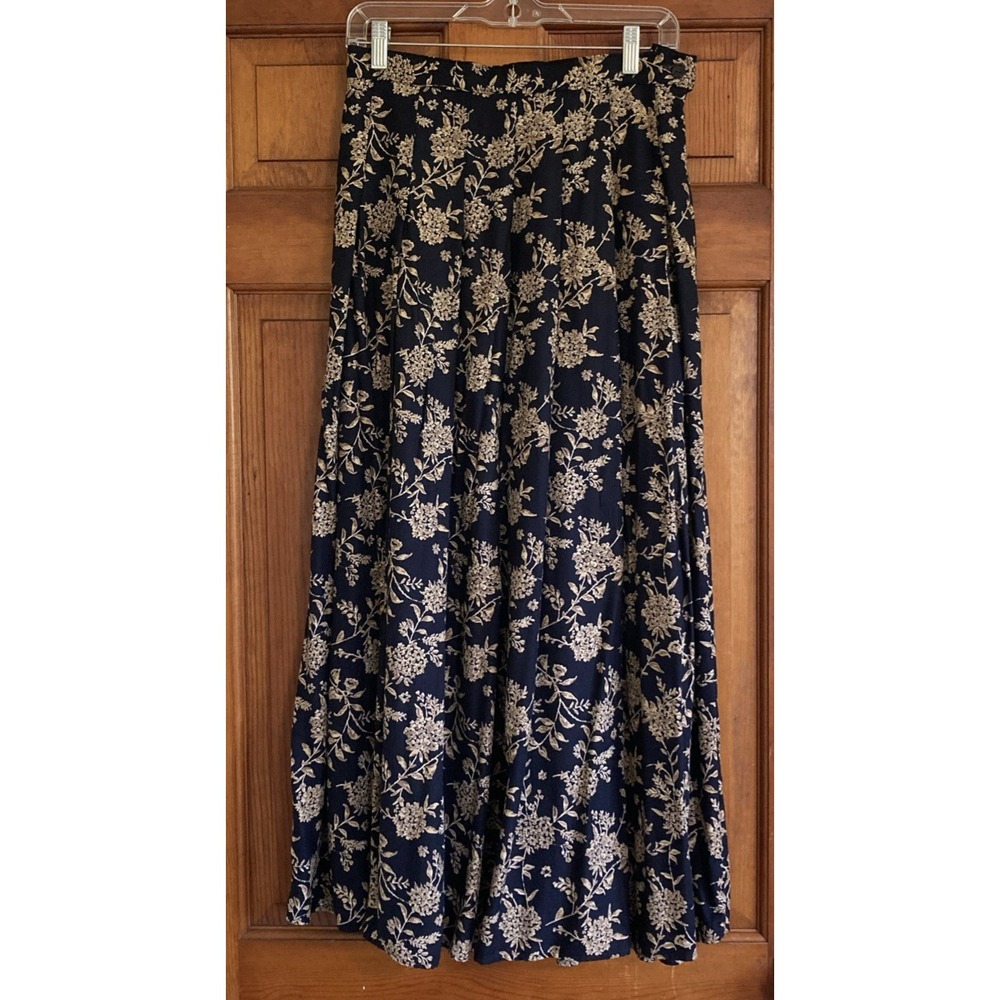 St Michael Womens XS Maxi Skirt Navy Floral Pleated High Waist Vintage 90s UK